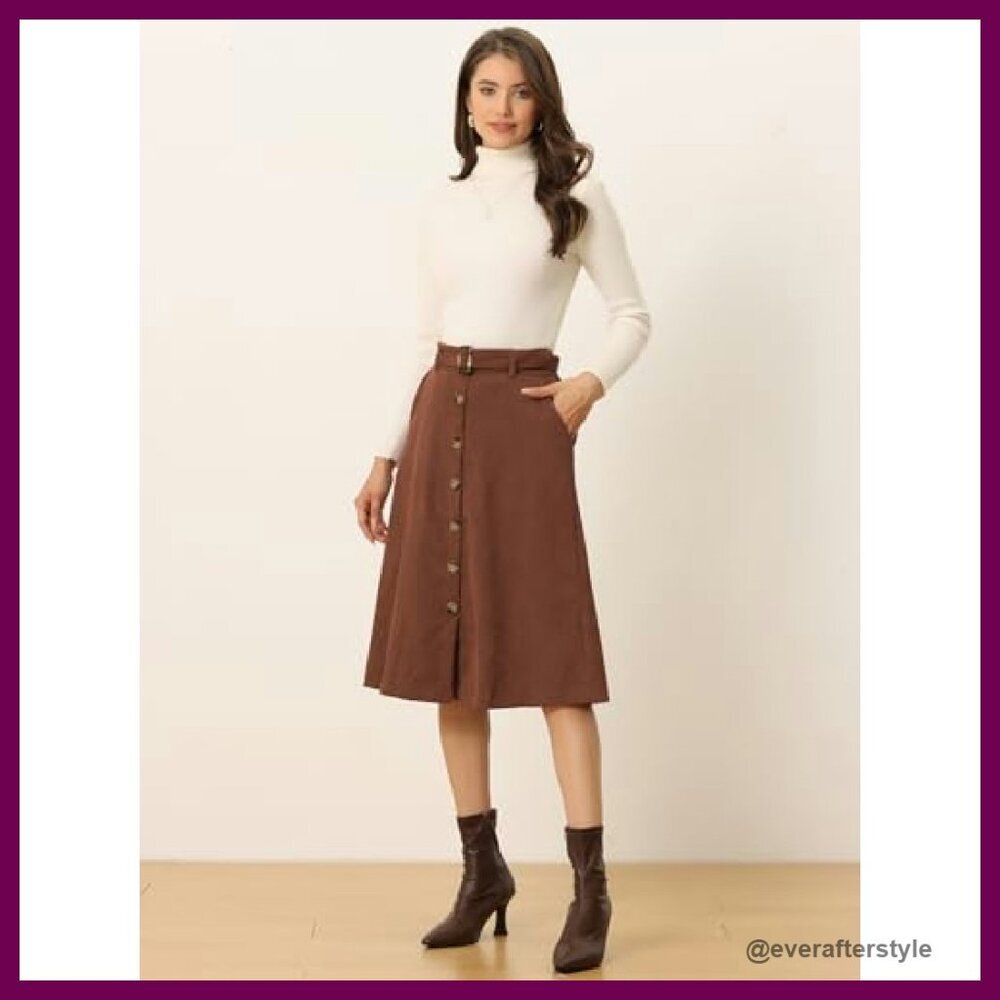 Corduroy Midi Skirt High Waist A-Line Retro Chic Button Front Belted - Picture 4 of 8